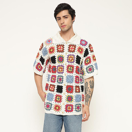 Granny Square Multicolour Crochet Shirt For Mens