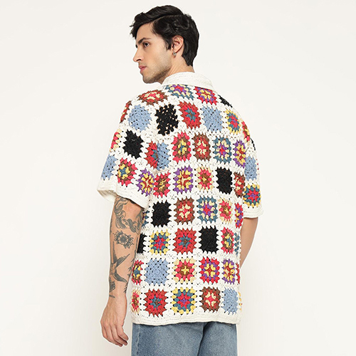 Granny Square Multicolour Crochet Shirt For Mens