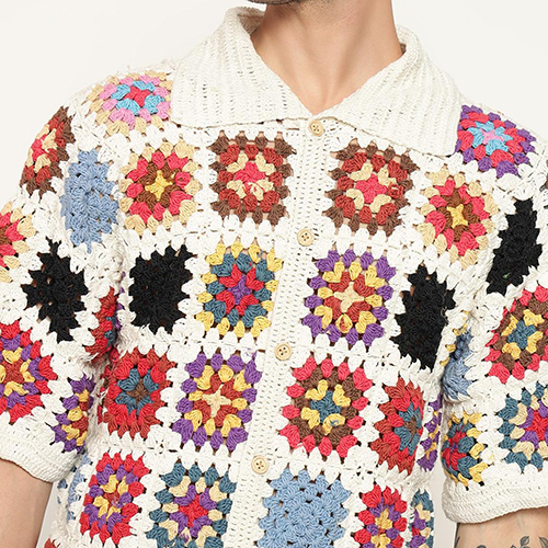 Granny Square Multicolour Crochet Shirt For Mens