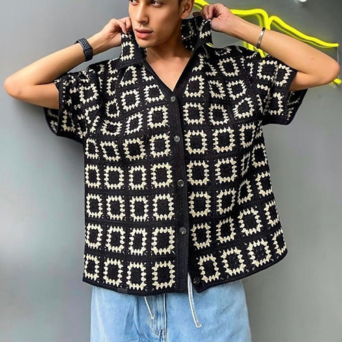 Granny Square Black Crochet Shirt For Mens