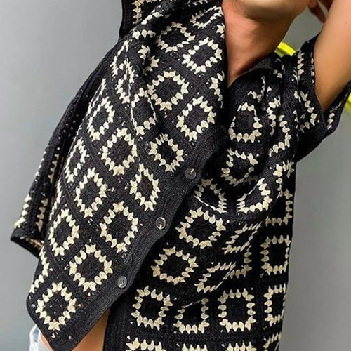 Granny Square Black Crochet Shirt For Mens