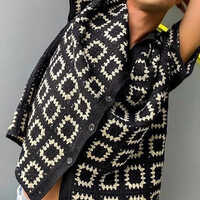 Granny Square Black Crochet Shirt For Mens