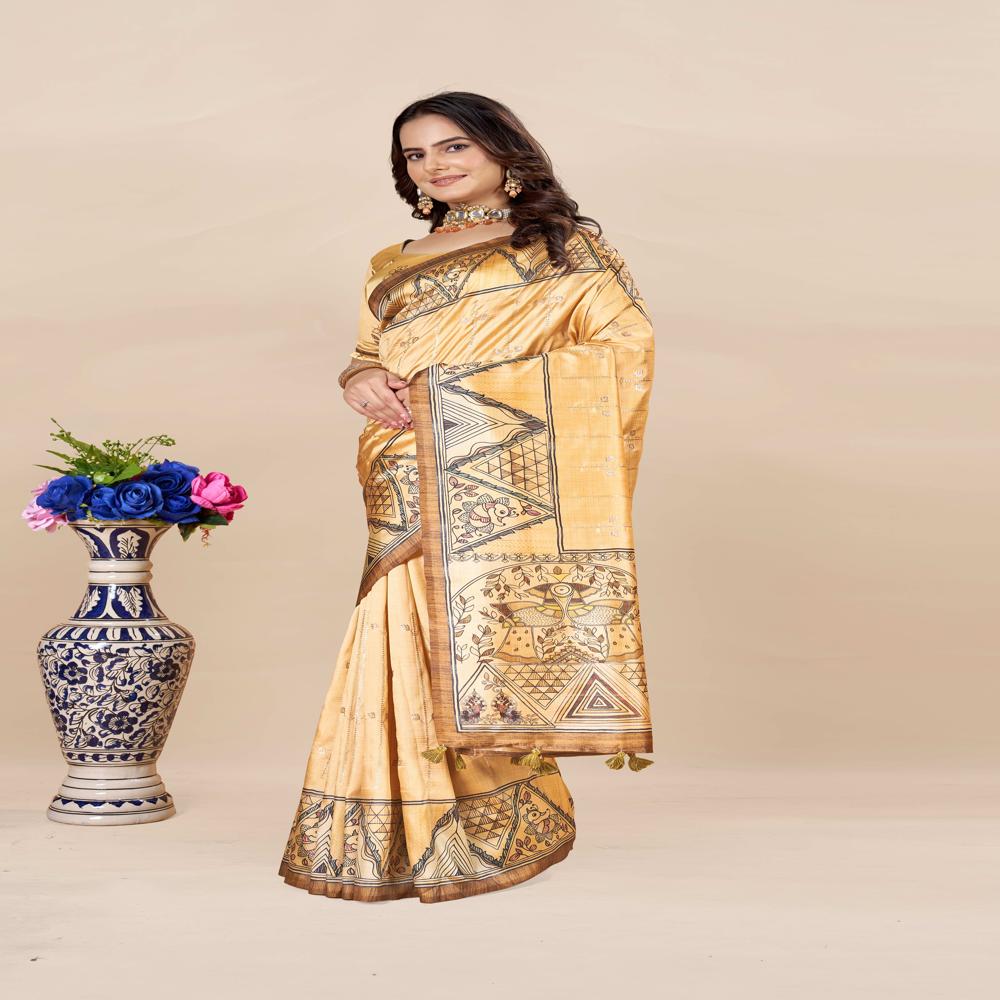Mustard And Black Color Saree