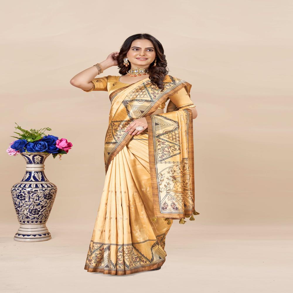 Mustard And Black Color Saree