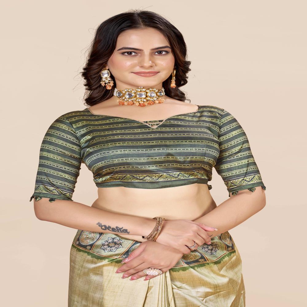 Green And Beige Block Print Saree