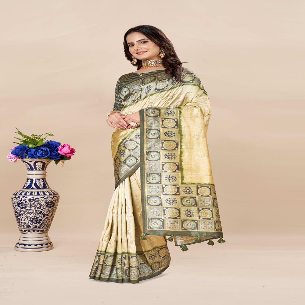 Green And Beige Block Print Saree - Color: Multicolor