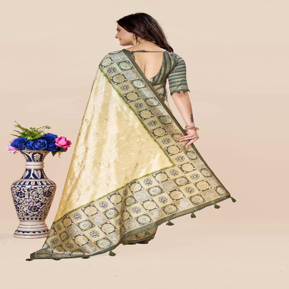 Green And Beige Block Print Saree - Color: Multicolor