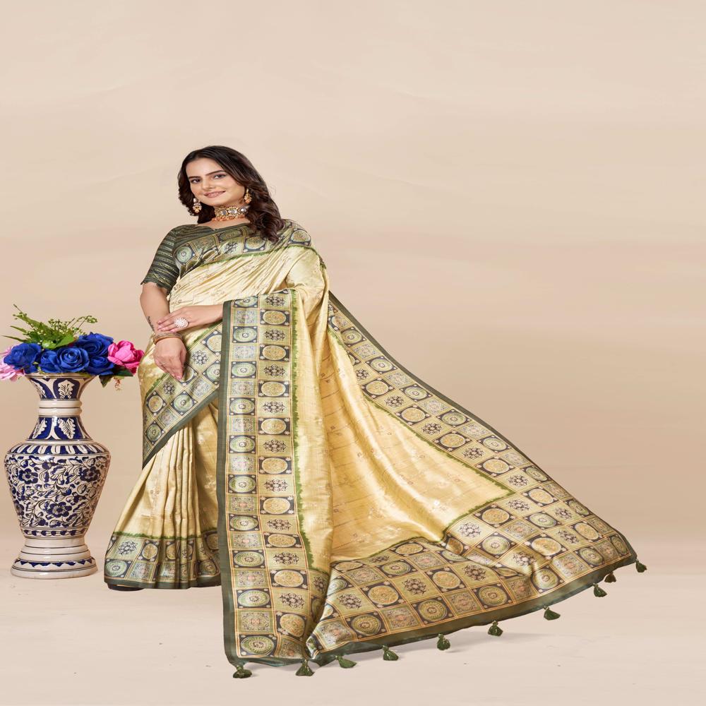 Green And Beige Block Print Saree