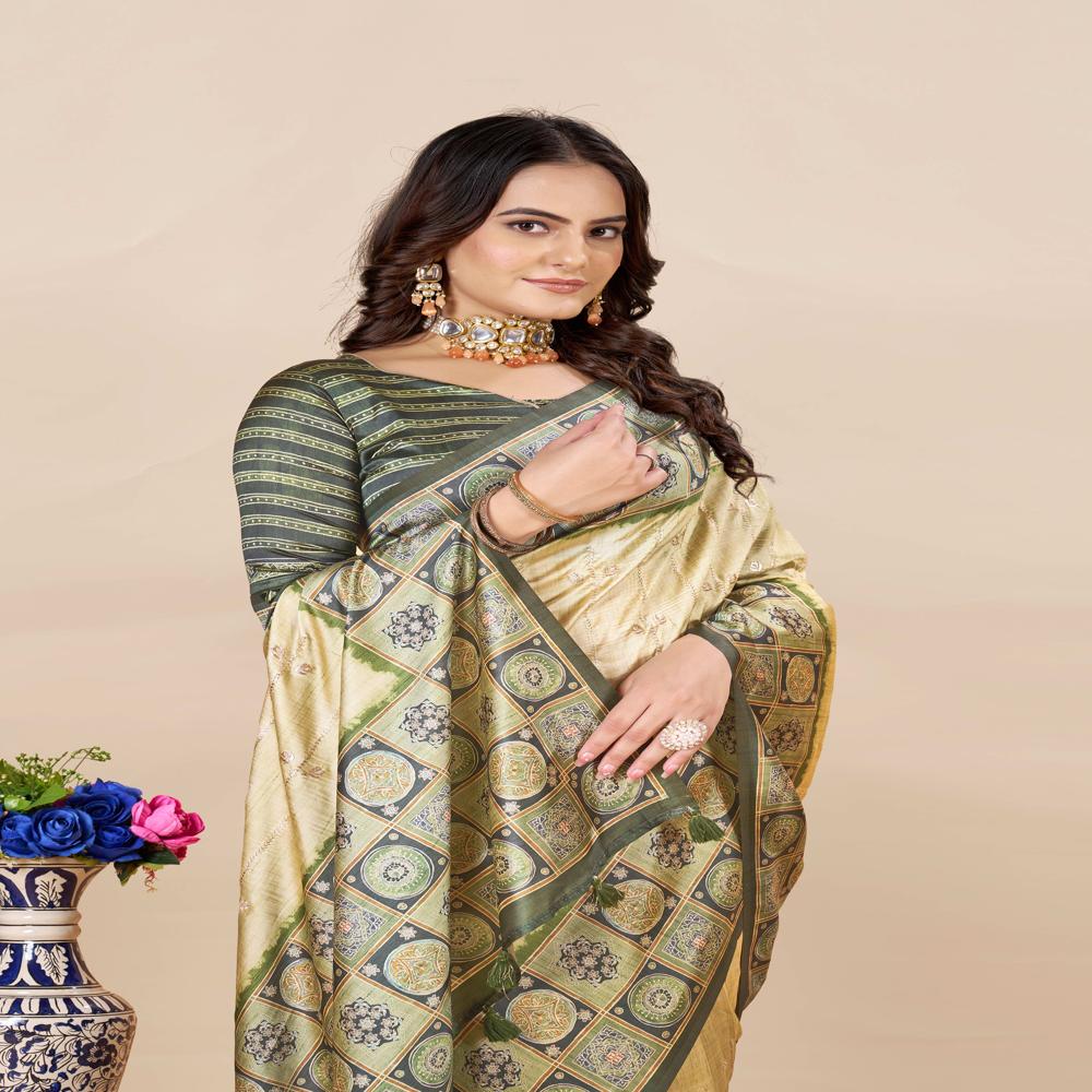 Green And Beige Block Print Saree