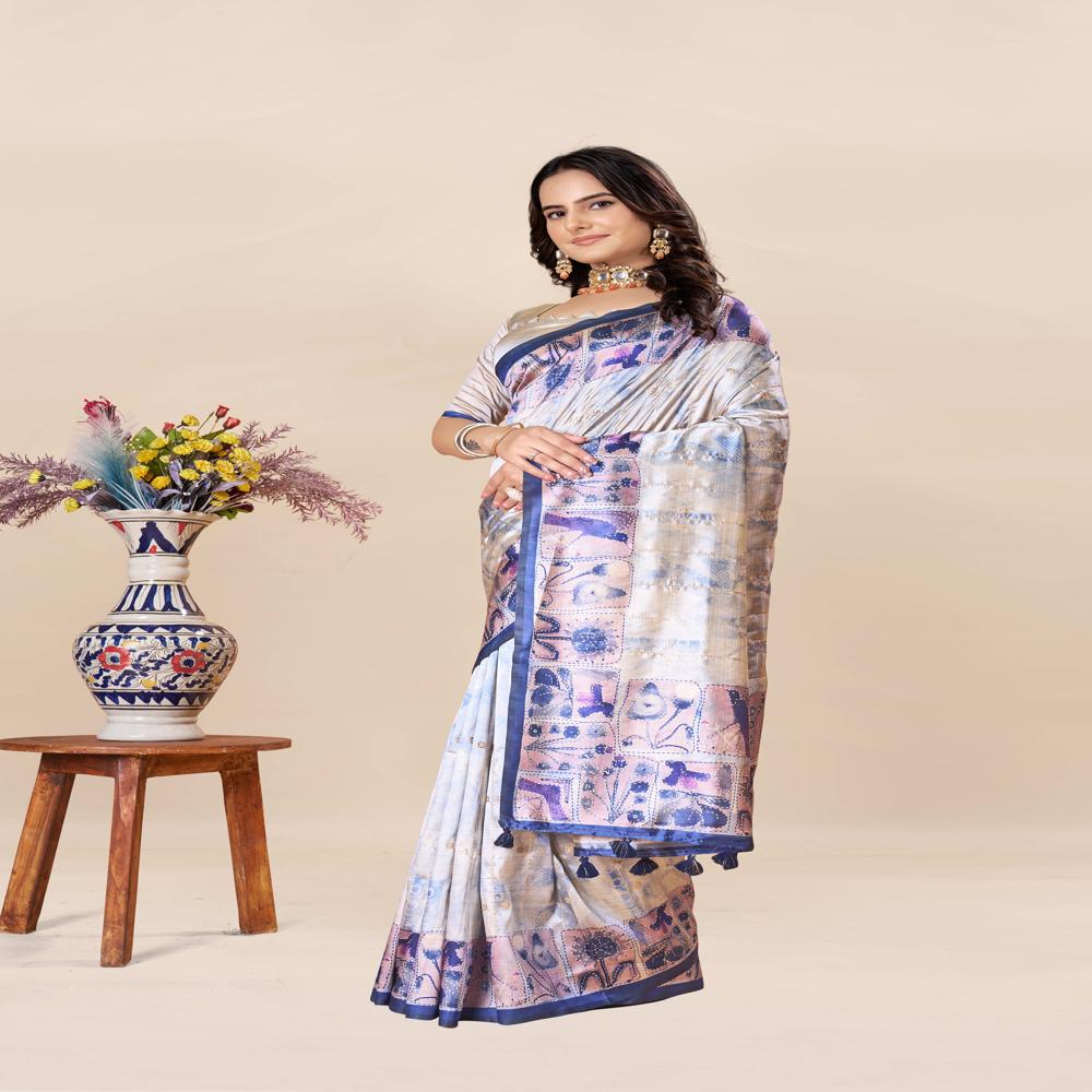 Grey And Navy Blue Saree - Color: Multicolor