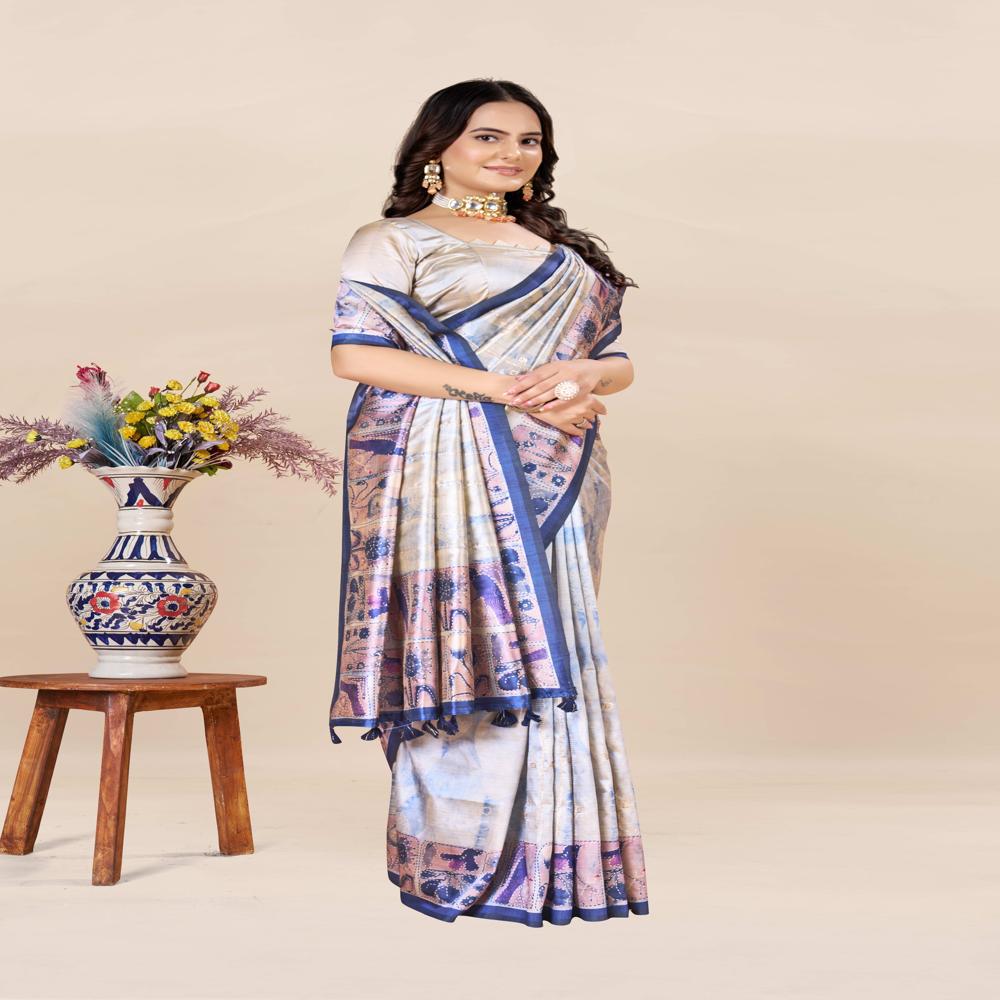 Grey And Navy Blue Saree - Color: Multicolor