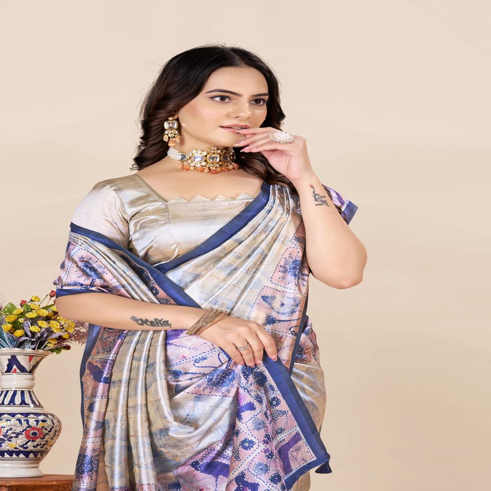 Grey And Navy Blue Saree - Color: Multicolor