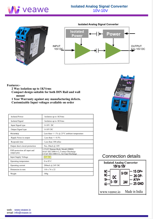 Isolated Analog Signal Converter 10v 10v - Color: Black