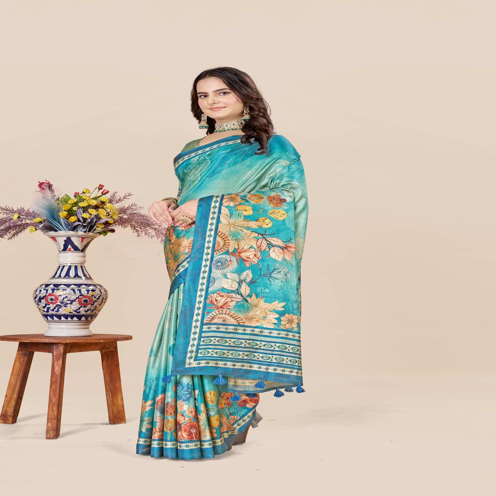 Teal And Beige Saree