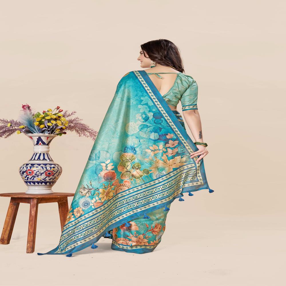 Teal And Beige Saree