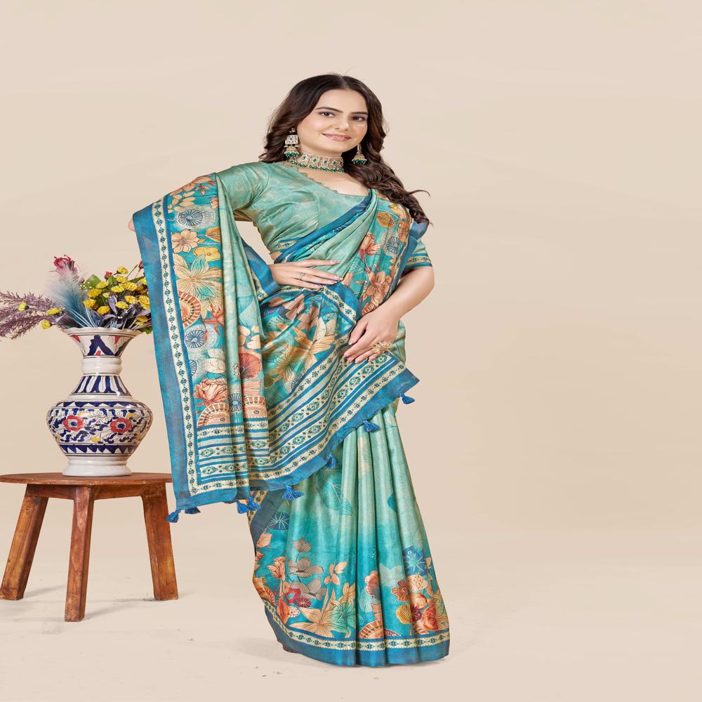 Teal And Beige Saree