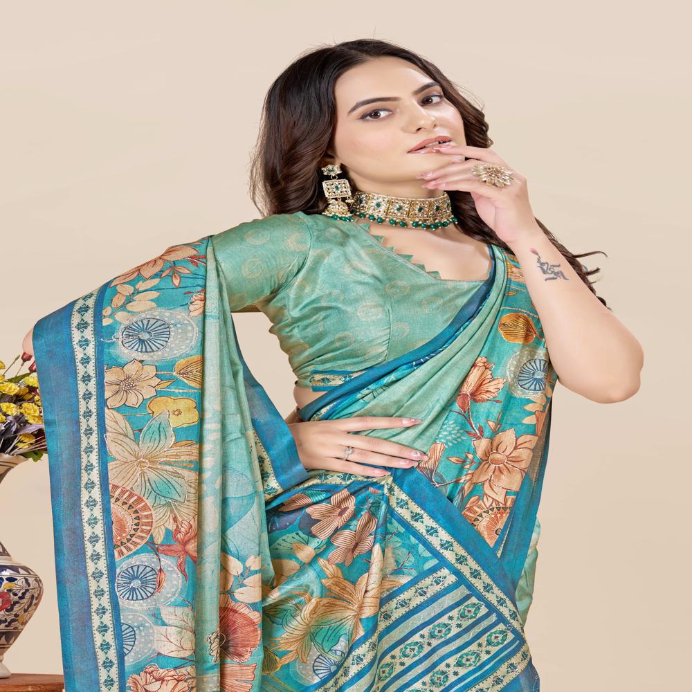 Teal And Beige Saree