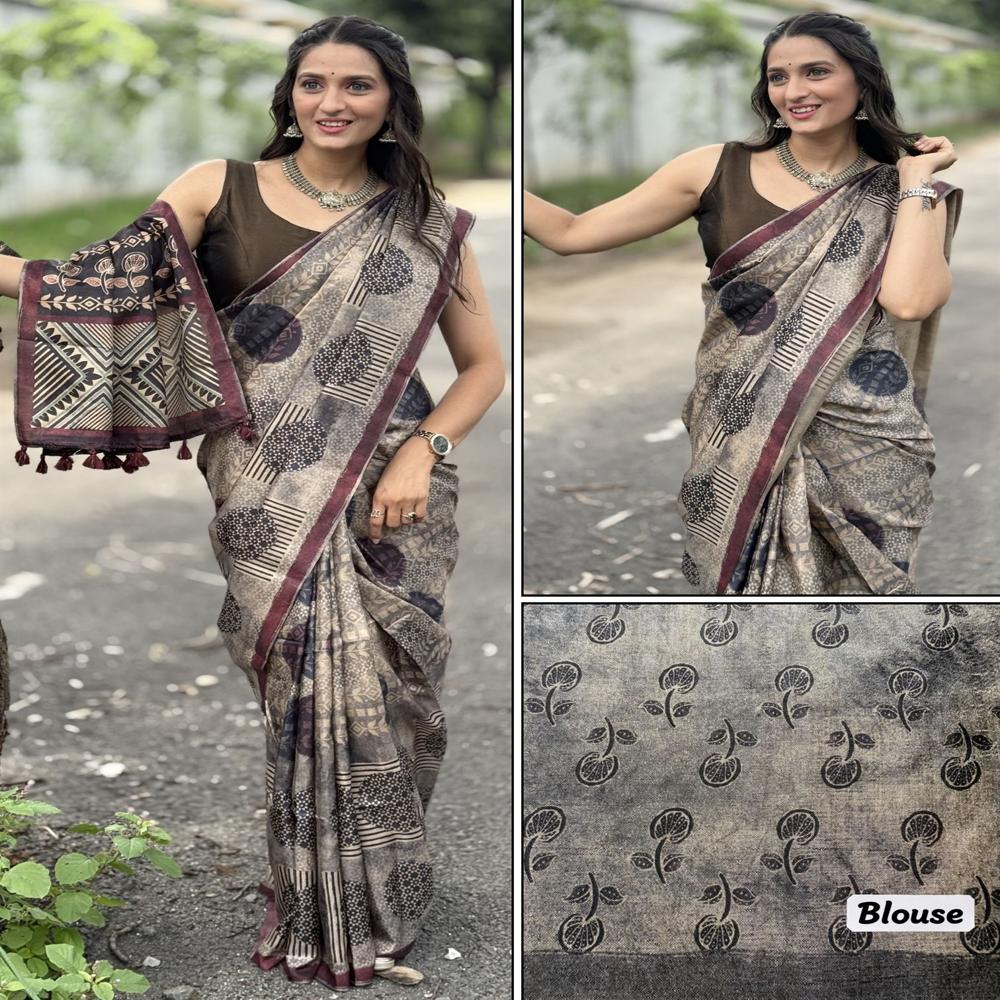TUSSAR SILK Floral Block Print Saree