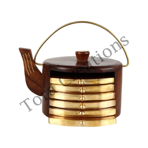 Wooden Kettle Shape Tea Coaster Set of 6 Tora (TCC4010)
