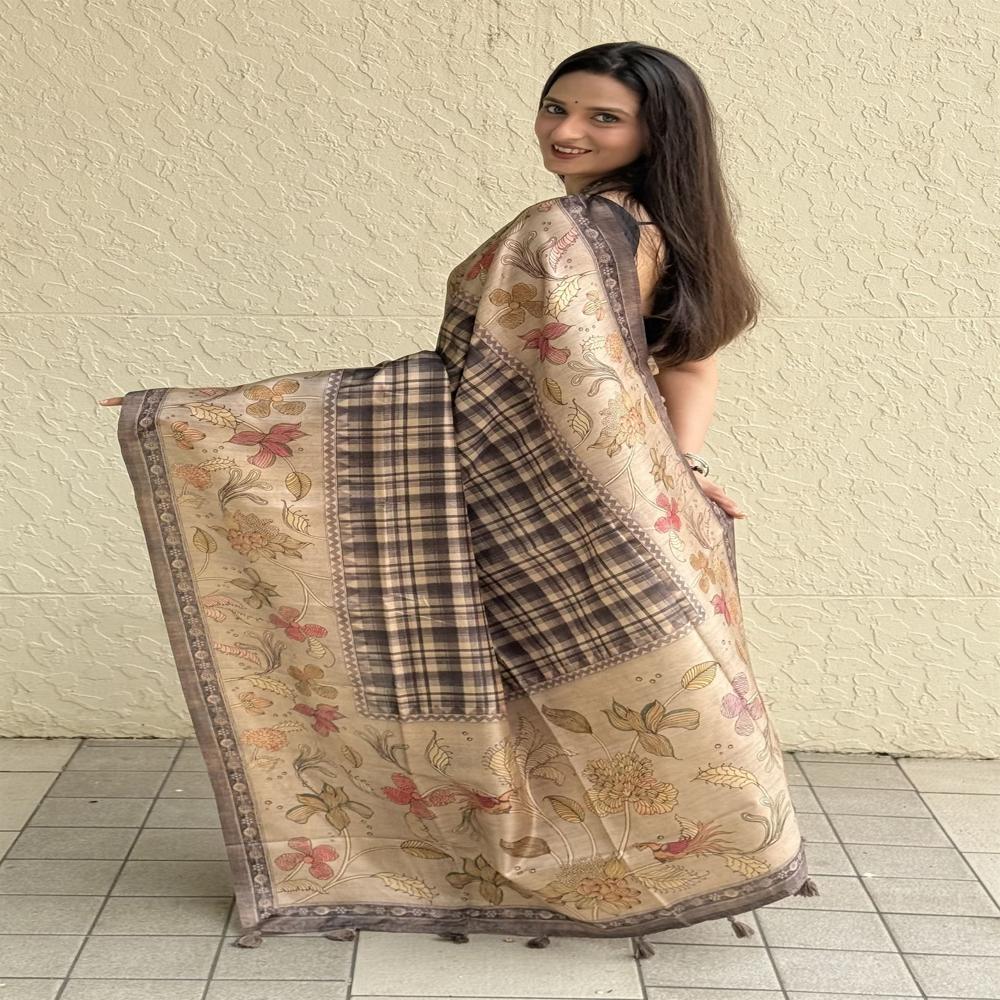 Tussar Silk Checks Saree For Women - Color: Tan