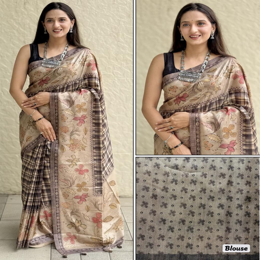 Tussar Silk Checks Saree For Women - Color: Tan