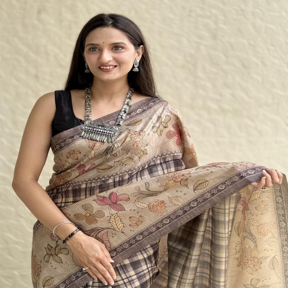 Tussar Silk Checks Saree For Women - Color: Tan