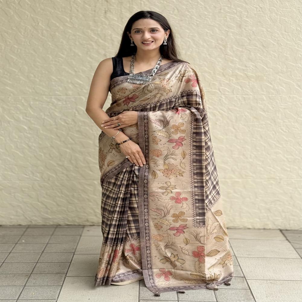 Tussar Silk Checks Saree For Women - Color: Tan