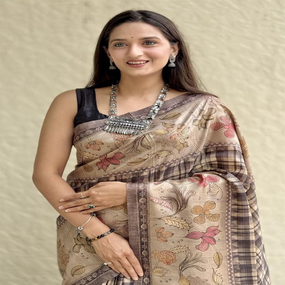 Tussar Silk Checks Saree For Women - Color: Tan