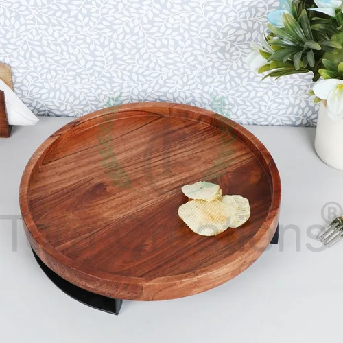 Acacia Wood Serving Tray With Metal Stand
