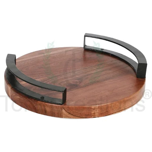 Acacia Wood Serving Tray With Metal Stand