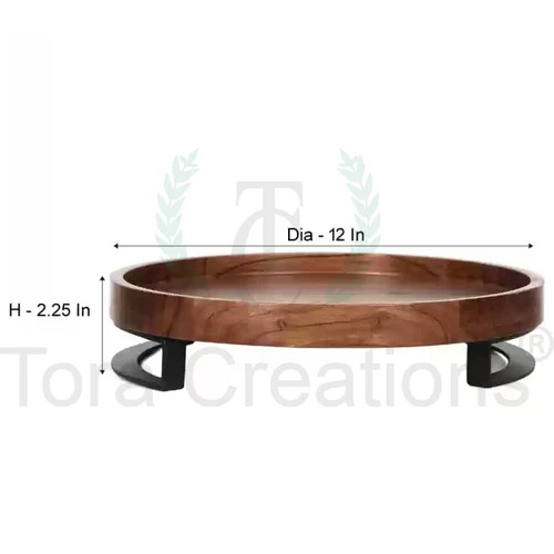 Acacia Wood Serving Tray With Metal Stand
