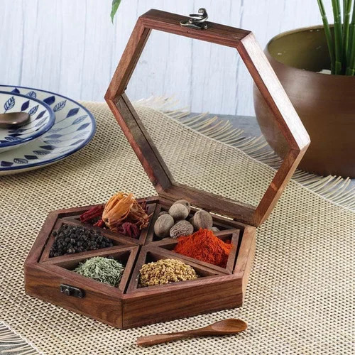 Hexagonal Wooden Spice Box Detachable