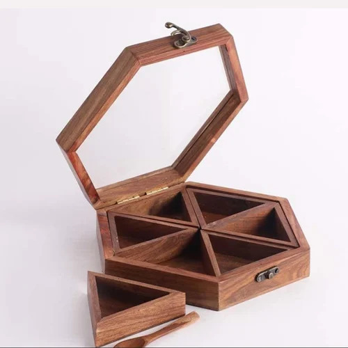 Hexagonal Wooden Spice Box Detachable - Capacity: 100 Milliliter (Ml)