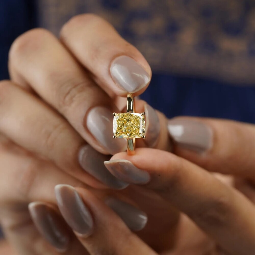 Cushion Cut Vivid Yellow Lab-Grown Diamond IGI Certified Solitaire Ring