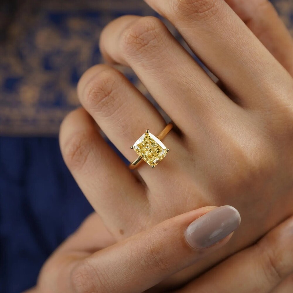Cushion Cut Vivid Yellow Lab-Grown Diamond IGI Certified Solitaire Ring