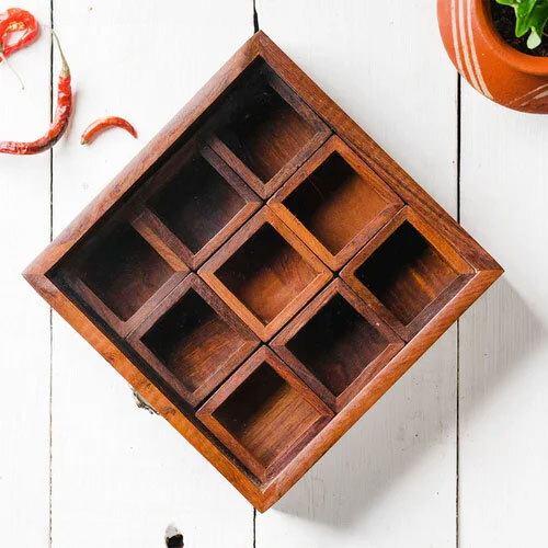 9 Compartment Wooden Spice Box - Color: Brown