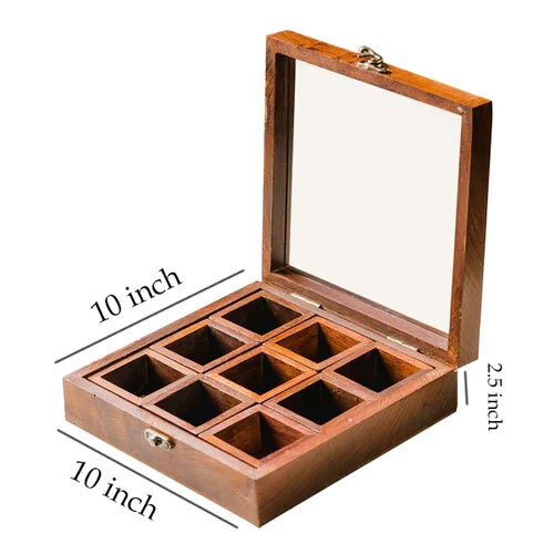 9 Compartment Wooden Spice Box - Color: Brown
