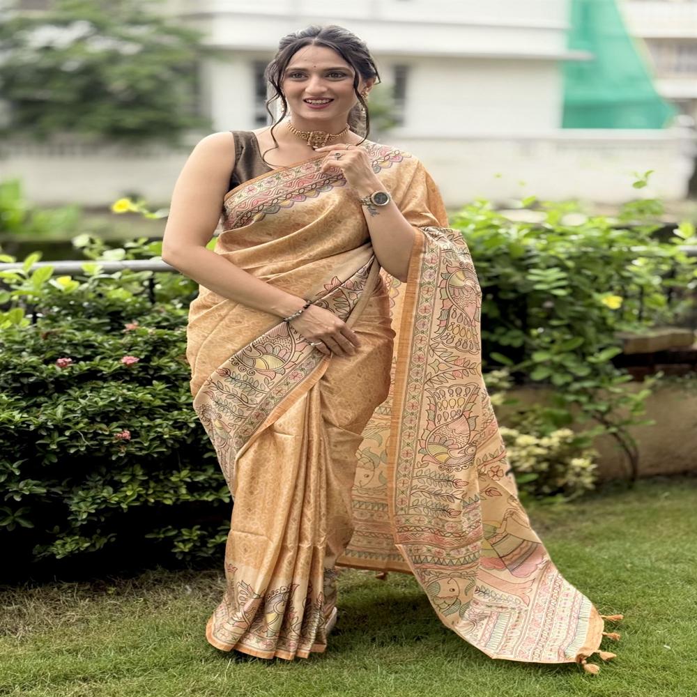 Yellow Cotton Madhubani Saree For Women - Color: Mustard