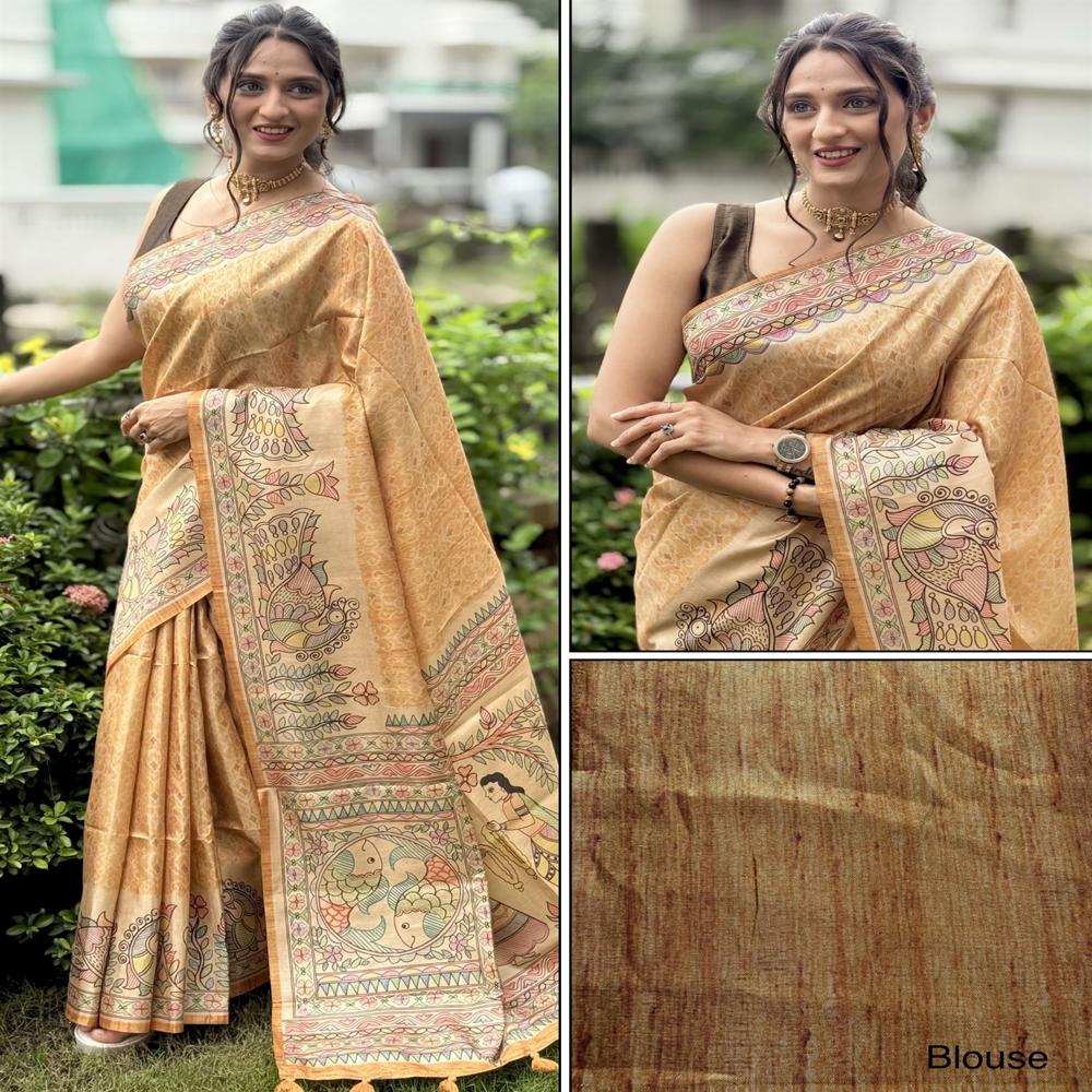 YELLOW COTTON MADHUBANI SAREE FOR WOMEN