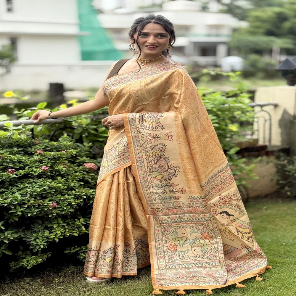 YELLOW COTTON MADHUBANI SAREE FOR WOMEN