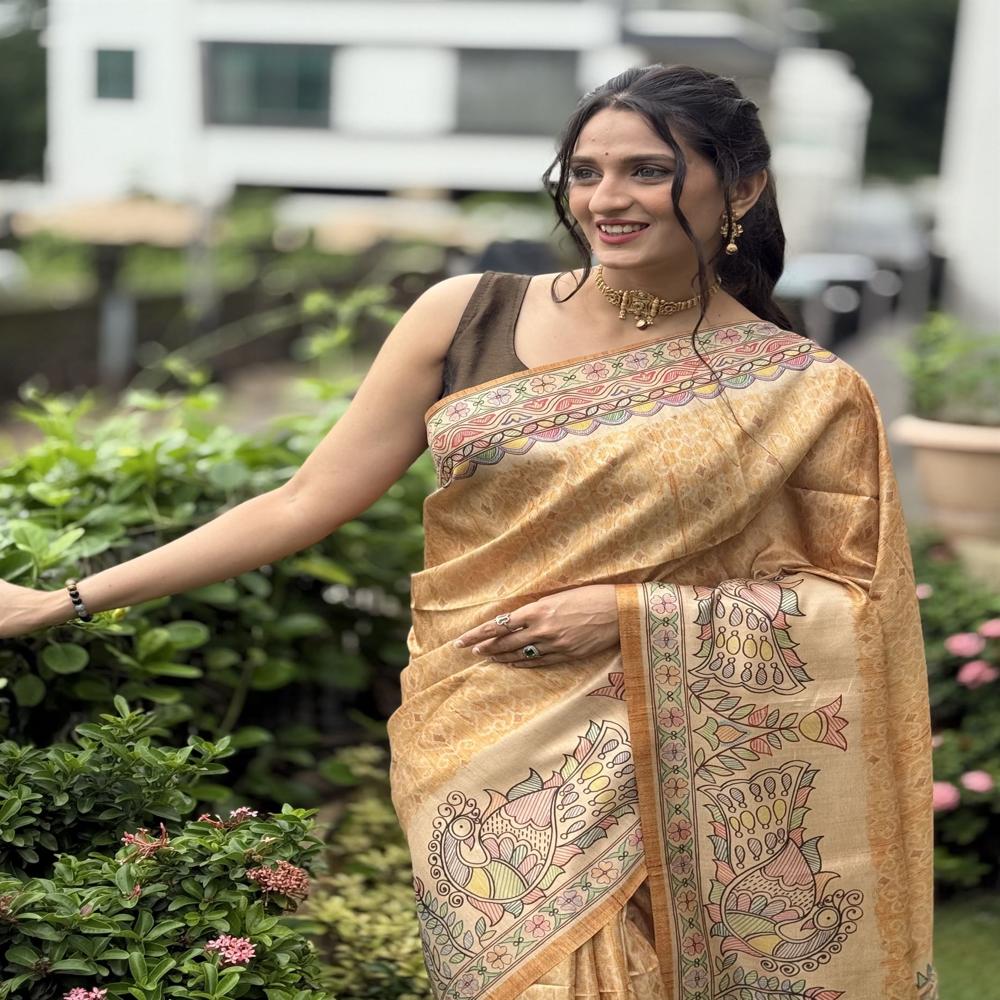 YELLOW COTTON MADHUBANI SAREE FOR WOMEN
