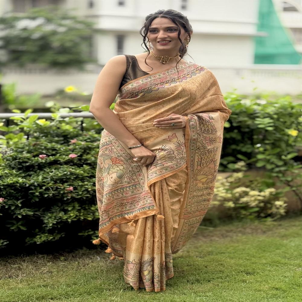 YELLOW COTTON MADHUBANI SAREE FOR WOMEN
