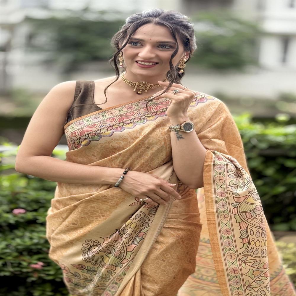 YELLOW COTTON MADHUBANI SAREE FOR WOMEN