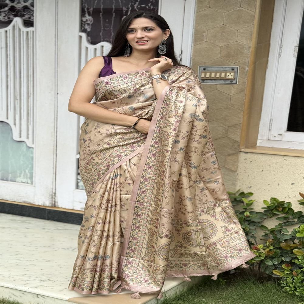 CREAM FLORAL SAREE FOR WOMEN