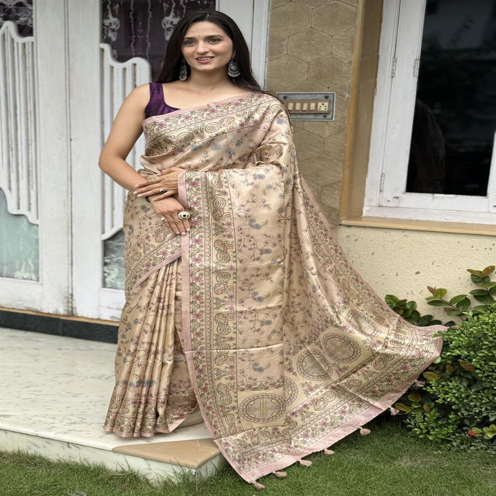 CREAM FLORAL SAREE FOR WOMEN