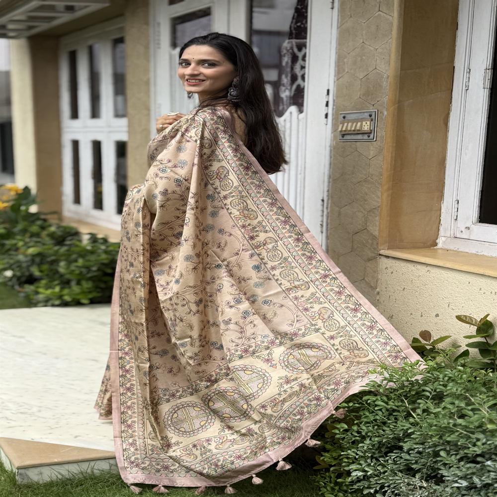CREAM FLORAL SAREE FOR WOMEN