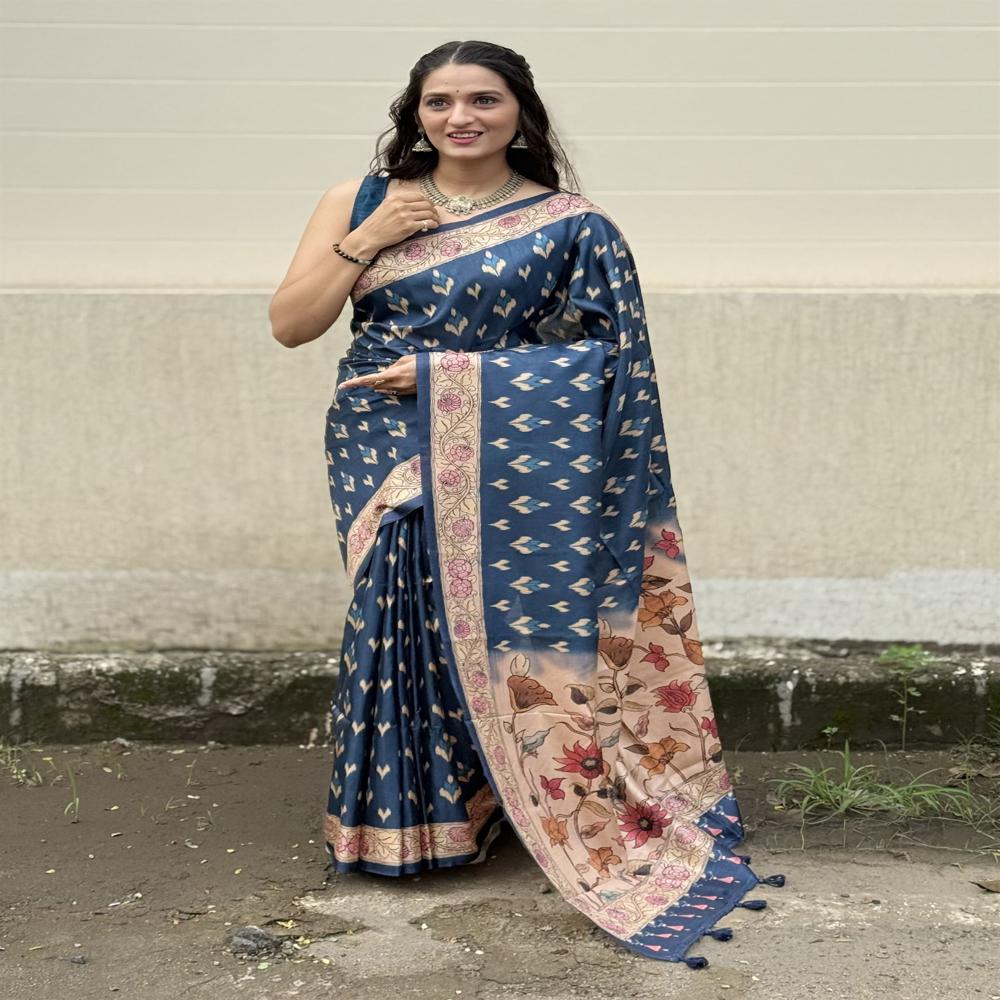 Navy Blue Printed Silk Saree For Women - Color: Beige Pallu With Multicolor Assent