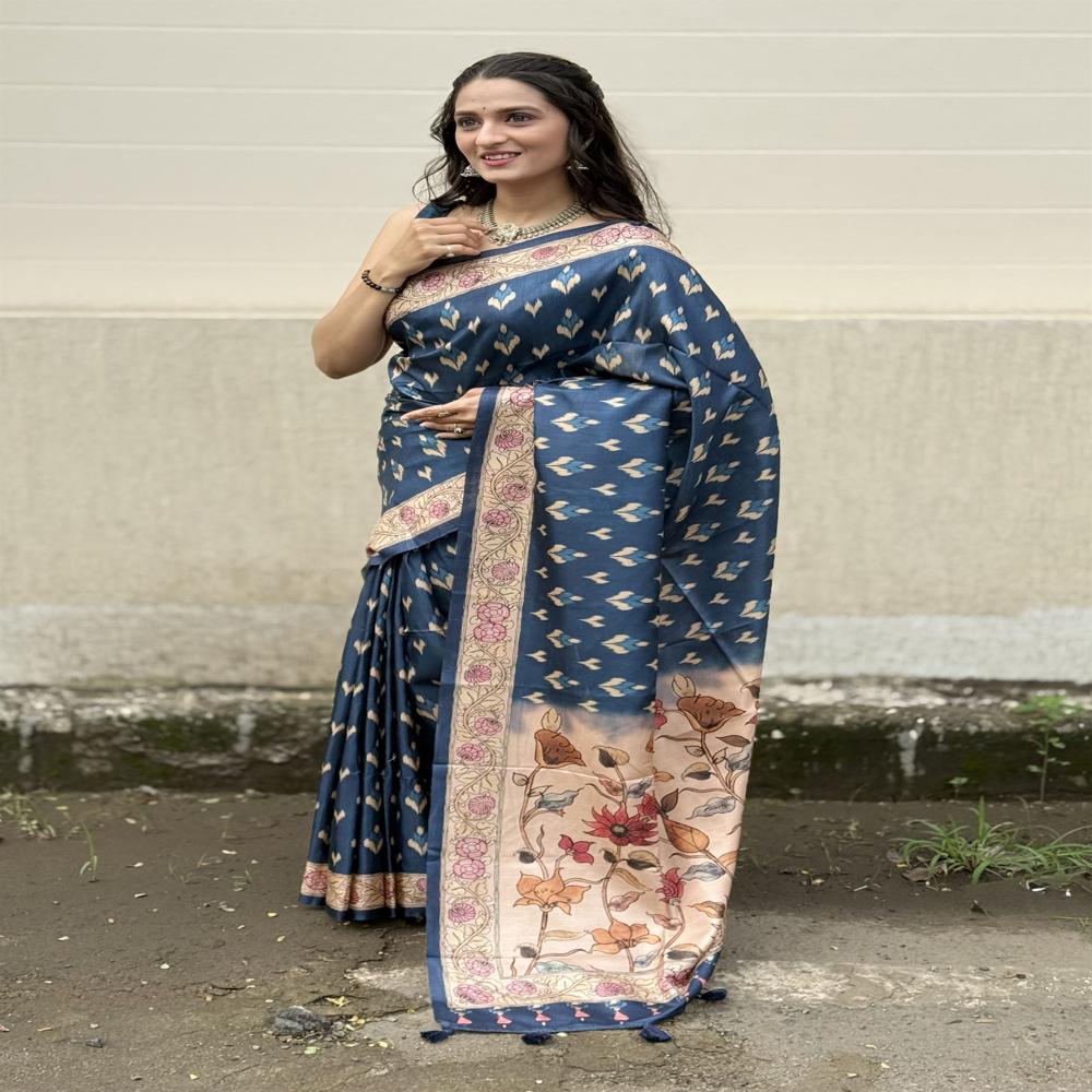 NAVY BLUE PRINTED SILK SAREE FOR WOMEN