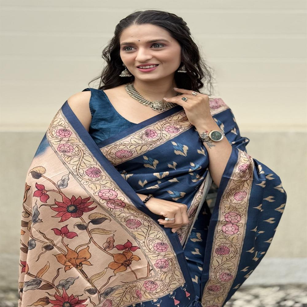 NAVY BLUE PRINTED SILK SAREE FOR WOMEN