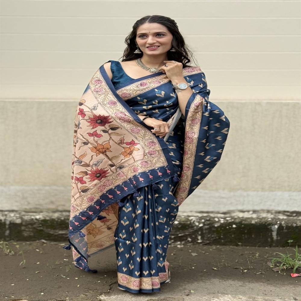 NAVY BLUE PRINTED SILK SAREE FOR WOMEN